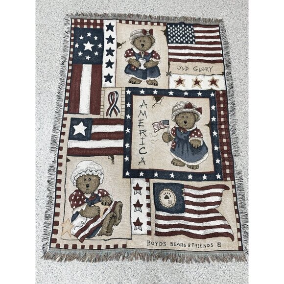 Boyds Bears Patriotic Tapestry Blanket Made In USA 1996 Vintage 70 X52" EUC - Picture 1 of 16